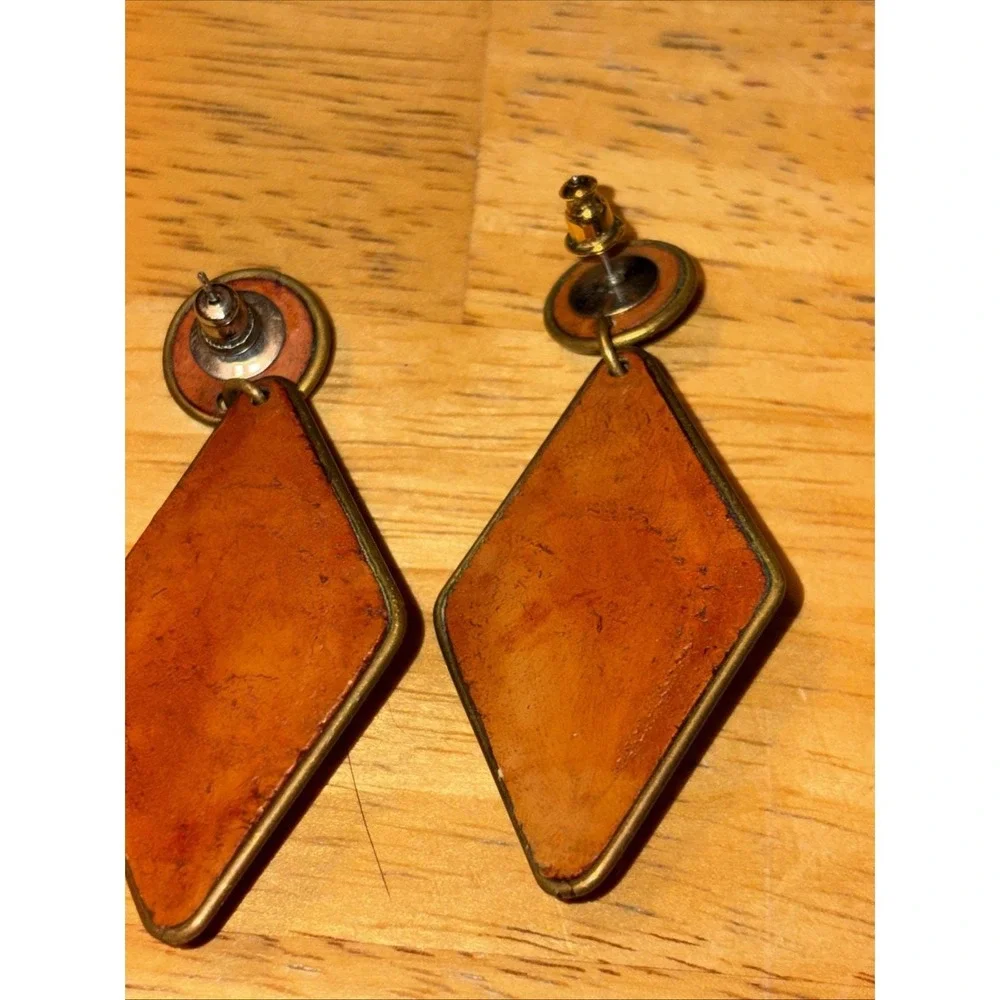 Rare Southwest Style Faux Turquoise Leather Look Dangle Vintage Pierced Earrings